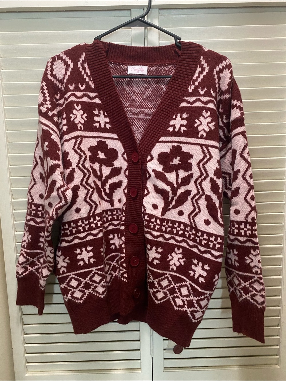Pink Lily Burgundy and Light Pink Fair Isle Cardigan